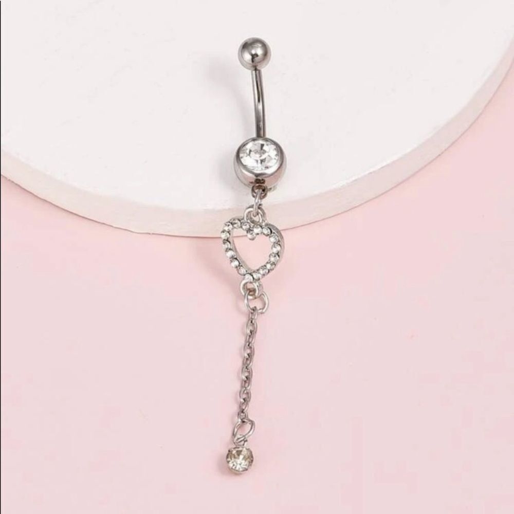 Heart Dangle Rhinestone Bellybutton Ring - Picture 3 of 3